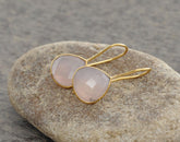 Heart Earring, Pink Chalcedony 12mm Heart Gemstone Dangle Earring, Micron Gold Plated Earring, 925 Silver Earring, Pink Heart Earrings